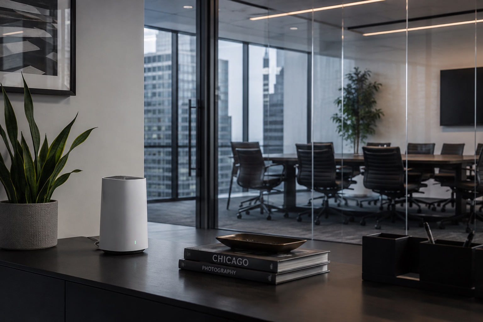 Gryphon Atlas Max on a credenza in a corporate office, glass-walled boardroom behind